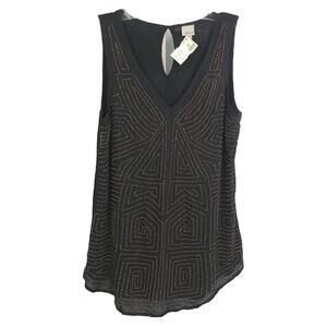 Ecru Women's Beaded Tank Top Black Sleeveless V-Neck Geometric Sz XS‎ NWT